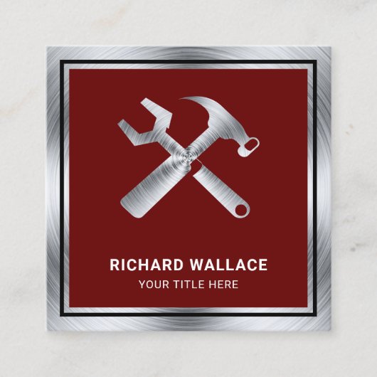 濃い赤のスチールハンドマン自動修理整備士 スクエア名刺 (正面)
