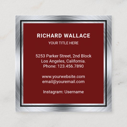 濃い赤のスチールハンドマン自動修理整備士 スクエア名刺 (裏面)