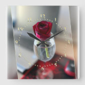 濃い赤のバラ スクエア壁時計 (正面)