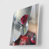 濃い赤のバラ スクエア壁時計 (傾斜)