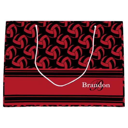 濃い赤のバレーボールを個人設定 ラージペーパーバッグ (正面)