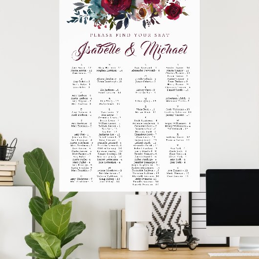 濃い赤のフローラ結婚アルファベットの座席表 ポスター (ホームオフィス)