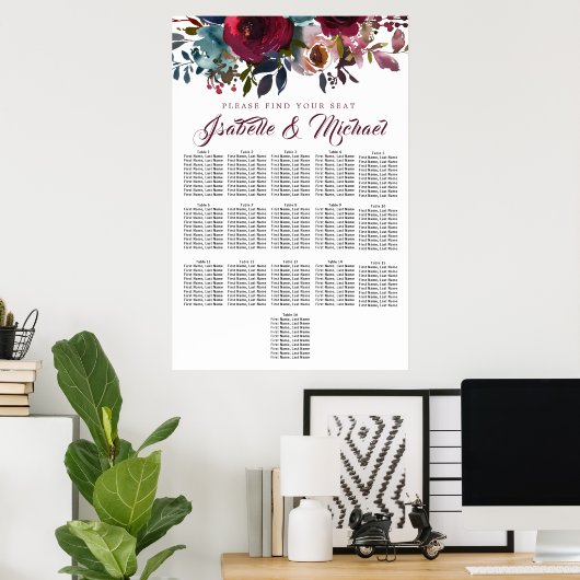 濃い赤のフローラ16台結婚の座席表 ポスター (ホームオフィス)