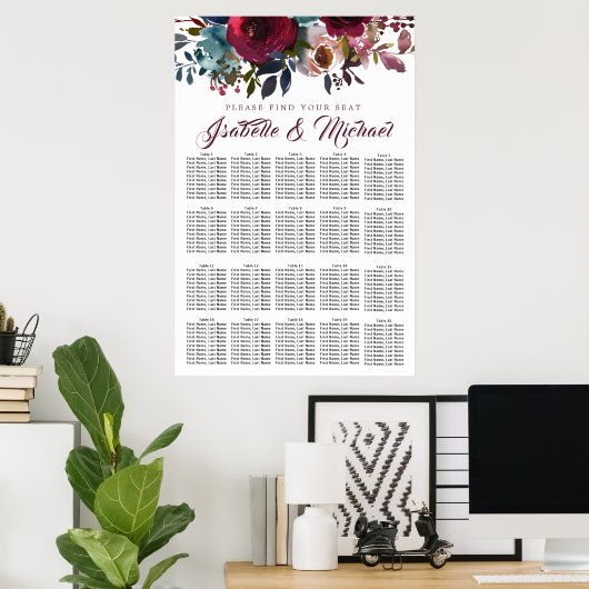濃い赤のフローラ20台結婚の座席表 ポスター (ホームオフィス)