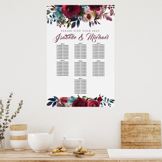 濃い赤のフローラ7台結婚の座席表 ポスター (キッチン)