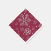 濃い赤の上に銀色の雪片 スタンダードカクテルナプキン (角)