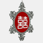 濃い赤の二重の幸せはっきりした- スノーフレークピューターオーナメント (左)