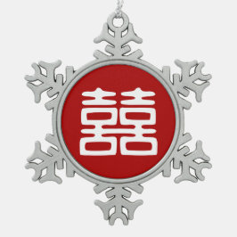 濃い赤の二重の幸せはっきりした- スノーフレークピューターオーナメント