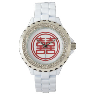 濃い赤の二重の幸せ – 円 腕時計