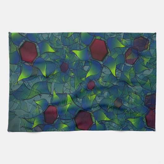 濃い赤の六角形の青みがかったノッチの仮想の葉 キッチンタオル (横)