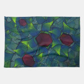 濃い赤の六角形の青みがかったノッチの仮想の葉 キッチンタオル (横)