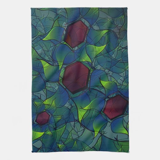 濃い赤の六角形の青みがかったノッチの仮想の葉 キッチンタオル (縦)