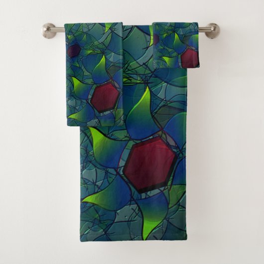 濃い赤の六角形の青みがかったノッチの仮想の葉 バスタオルセット (インサイチュ)