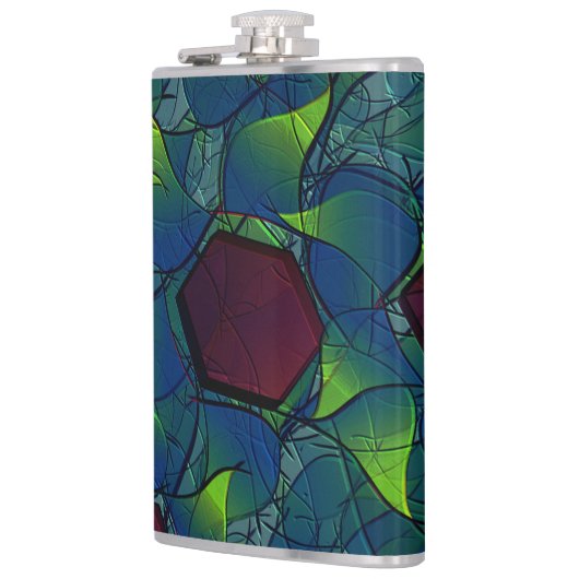 濃い赤の六角形の青みがかったノッチの仮想の葉 フラスク (左)