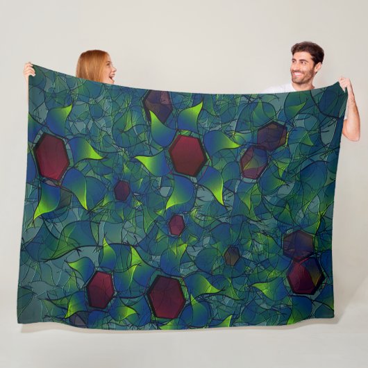 濃い赤の六角形の青みがかったノッチの仮想の葉 フリースブランケット (インサイチュ)