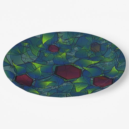 濃い赤の六角形の青みがかったノッチの仮想の葉 ペーパープレート (アングル)