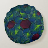 濃い赤の六角形の青みがかったノッチの仮想の葉 ラウンドクッション (裏面)