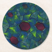 濃い赤の六角形の青みがかったノッチの仮想の葉 ラウンドペーパーコースター (正面)