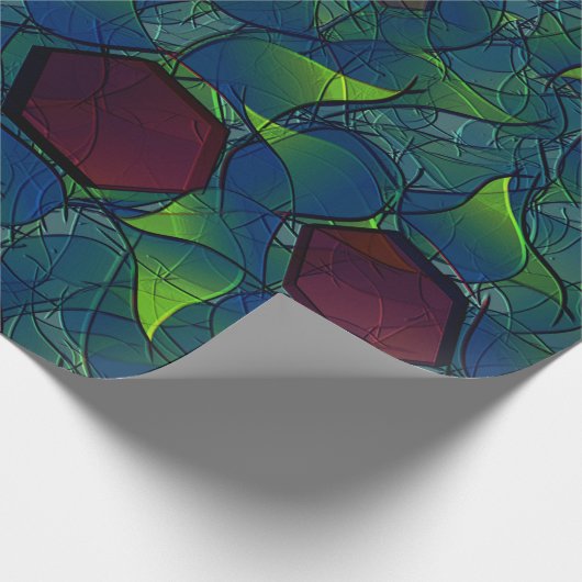 濃い赤の六角形の青みがかったノッチの仮想の葉 ラッピングペーパー (角)