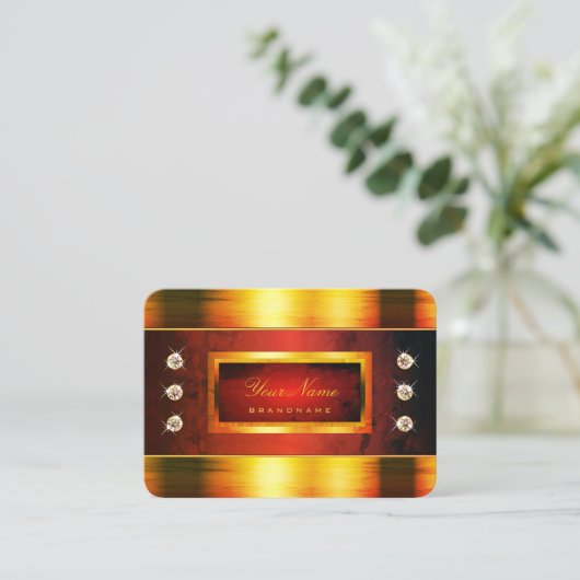 濃い赤の大理石のパターンで目を引く金ゴールド 名刺 (スタンド正面)