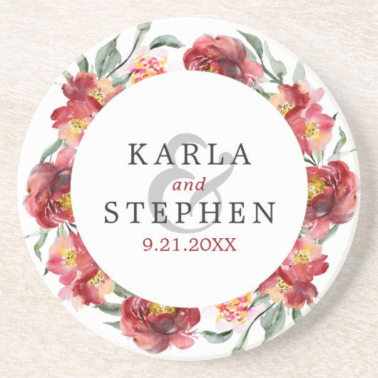 濃い赤の庭花リース コースター (正面)