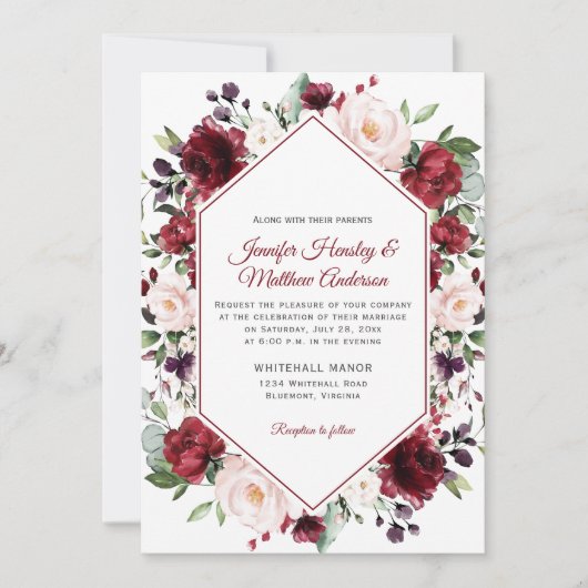 濃い赤の水の色のフローラフレームウィンターウェディング 招待状 (正面)