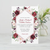 濃い赤の水の色のフローラフレームウィンターウェディング 招待状 (スタンド正面)