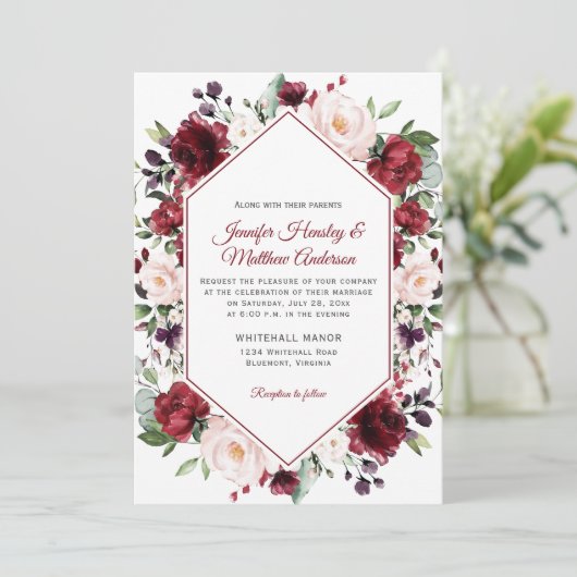 濃い赤の水の色のフローラフレームウィンターウェディング 招待状 (スタンド正面)