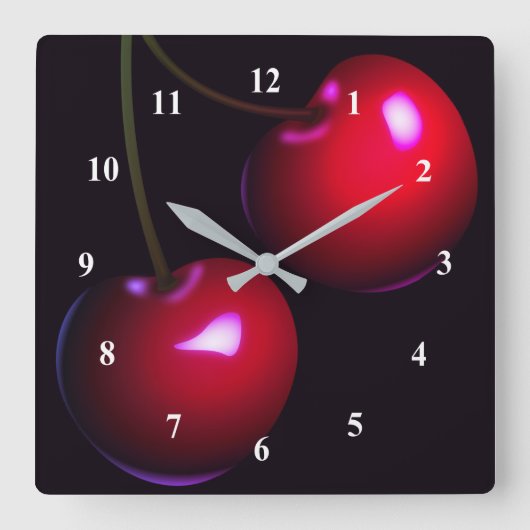 濃い赤の甘いさくらんぼ – 新鮮 スクエア壁時計 (正面)