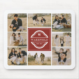 濃い赤の白のモノグラムと年の写真のコラージュ マウスパッド