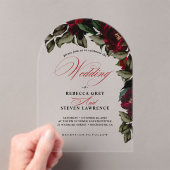 濃い赤の緑のフローラムーディ結婚ーゴシックのアーチ アクリル招待状 (インサイチュ (ポータブル))