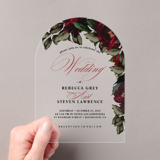 濃い赤の緑のフローラムーディ結婚ーゴシックのアーチ アクリル招待状 (インサイチュ (ポータブル))