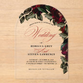 濃い赤の緑のフローラムーディ結婚ーゴシックのアーチ アクリル招待状 (正面)