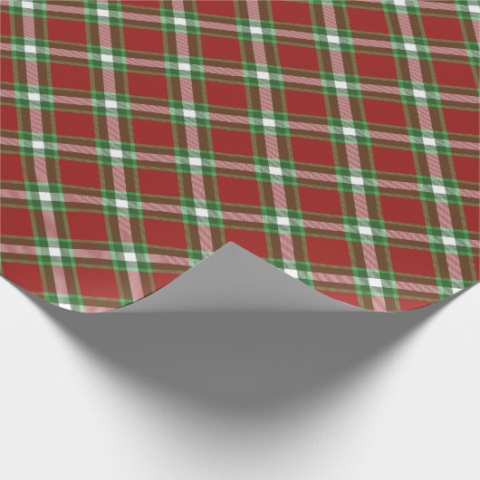 濃い赤の緑の白い格子模様 ラッピングペーパー (角)