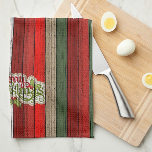 濃い赤の緑の風化木製の厚板パターン キッチンタオル (四つ折り)