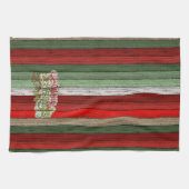 濃い赤の緑の風化木製の厚板パターン キッチンタオル (横)