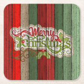 濃い赤の緑の風化木製の厚板パターン スクエアペーパーコースター (正面)