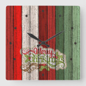 濃い赤の緑の風化木製の厚板パターン スクエア壁時計 (正面)