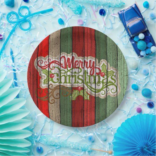 濃い赤の緑の風化木製の厚板パターン ペーパープレート (パーティー)