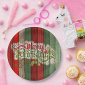 濃い赤の緑の風化木製の厚板パターン ペーパープレート (パーティー)