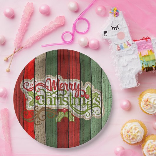 濃い赤の緑の風化木製の厚板パターン ペーパープレート (パーティー)