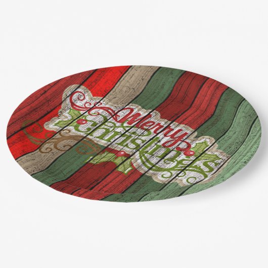 濃い赤の緑の風化木製の厚板パターン ペーパープレート (アングル)
