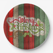 濃い赤の緑の風化木製の厚板パターン ペーパープレート (正面)