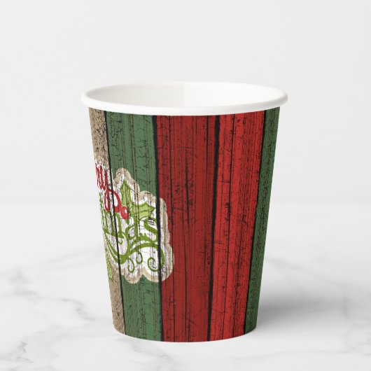 濃い赤の緑の風化木製の厚板パターン 紙コップ (左)