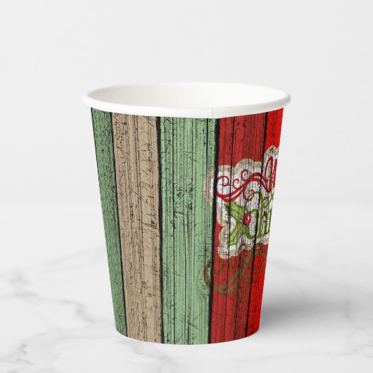濃い赤の緑の風化木製の厚板パターン 紙コップ (右)