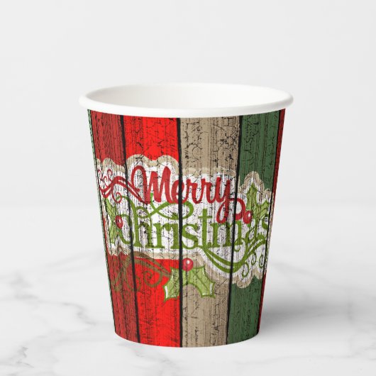 濃い赤の緑の風化木製の厚板パターン 紙コップ (正面)