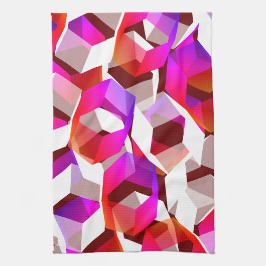 濃い赤の背景に多くの六角形が色付けされている キッチンタオル (縦)