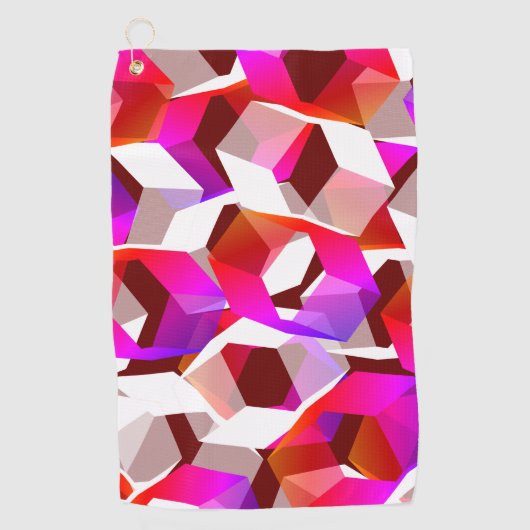 濃い赤の背景に多くの六角形が色付けされている ゴルフタオル (正面)