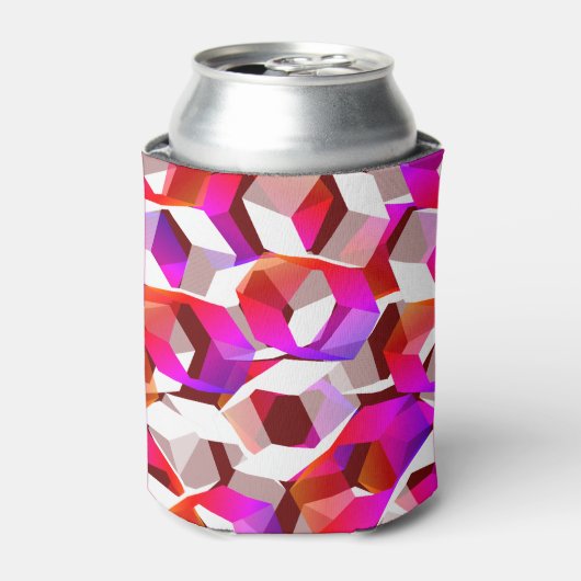 濃い赤の背景に多くの六角形が色付けされている 缶クーラー (缶正面)