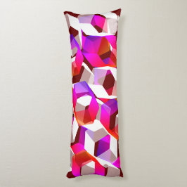 濃い赤の背景に白、赤からピンクの六角形 ボディピロー